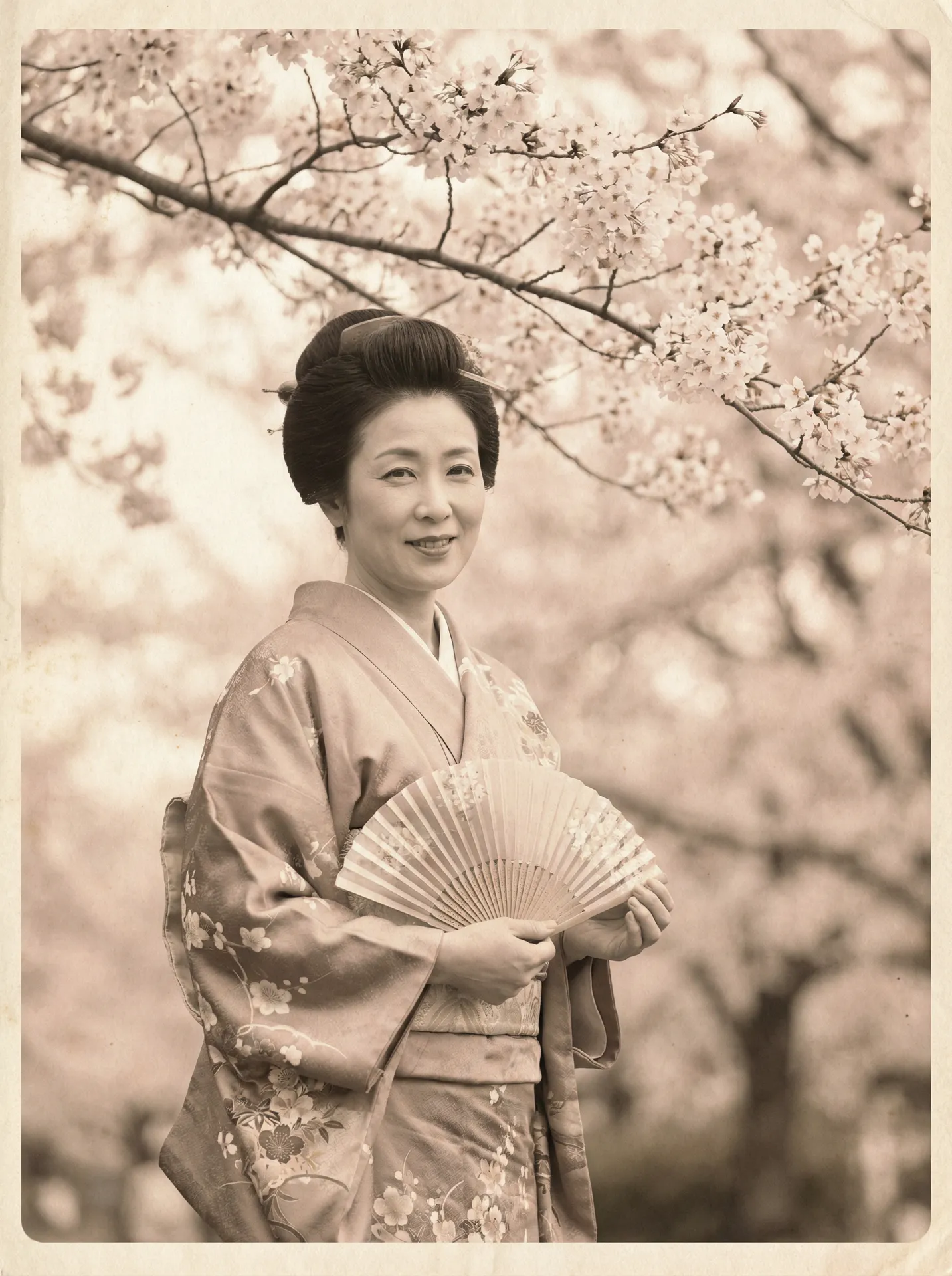 一位持扇的优雅 UED体育平台 在樱花树下的复古写真